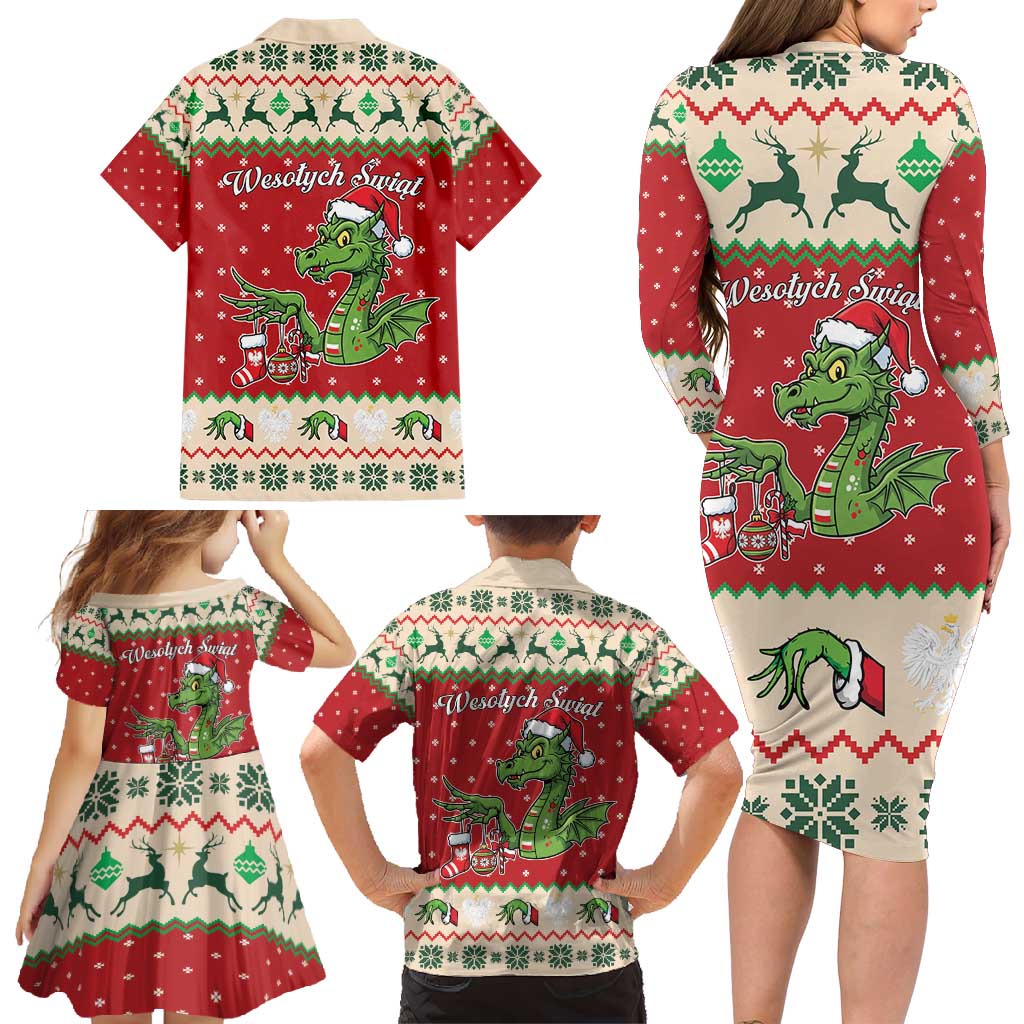 Poland Dinosaur Christmas Family Matching Long Sleeve Bodycon Dress and Hawaiian Shirt Polish Smok Wawelski Wesołych Swiat - Wonder Print Shop