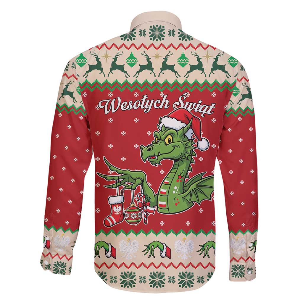 Poland Dinosaur Christmas Family Matching Long Sleeve Bodycon Dress and Hawaiian Shirt Polish Smok Wawelski Wesołych Swiat - Wonder Print Shop