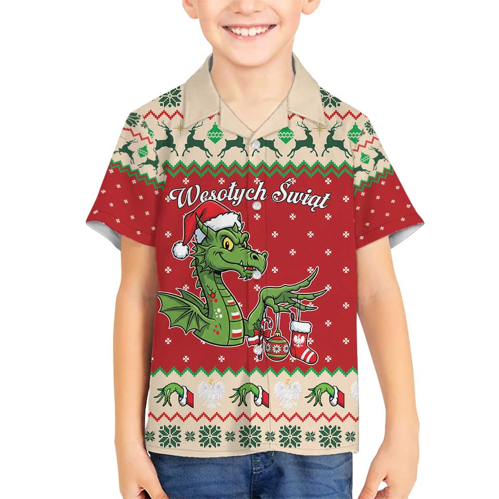 Poland Dinosaur Christmas Family Matching Long Sleeve Bodycon Dress and Hawaiian Shirt Polish Smok Wawelski Wesołych Swiat - Wonder Print Shop