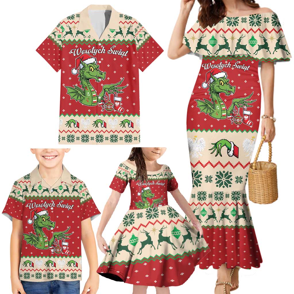 Poland Dinosaur Christmas Family Matching Mermaid Dress and Hawaiian Shirt Polish Smok Wawelski Wesołych Swiat - Wonder Print Shop
