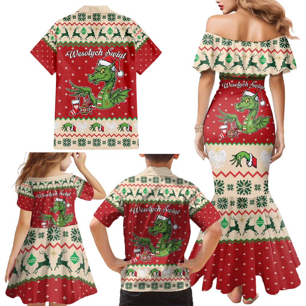 Poland Dinosaur Christmas Family Matching Mermaid Dress and Hawaiian Shirt Polish Smok Wawelski Wesołych Swiat - Wonder Print Shop