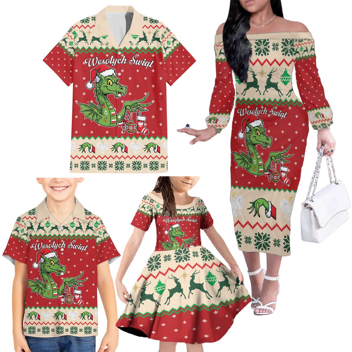 Poland Dinosaur Christmas Family Matching Off The Shoulder Long Sleeve Dress and Hawaiian Shirt Polish Smok Wawelski Wesołych Swiat - Wonder Print Shop