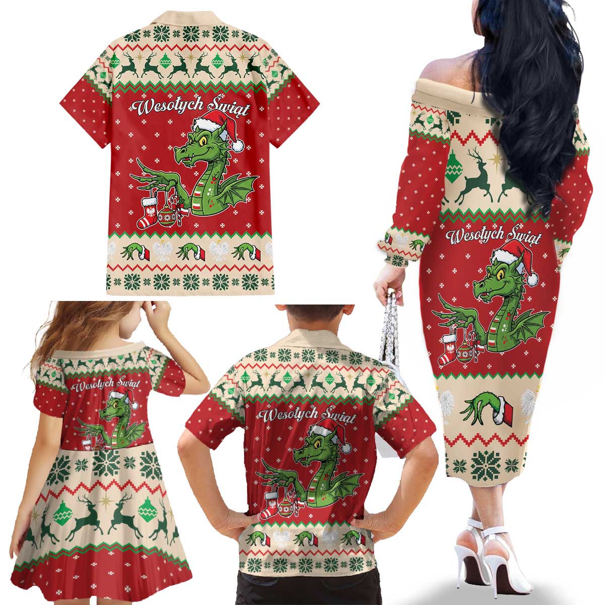 Poland Dinosaur Christmas Family Matching Off The Shoulder Long Sleeve Dress and Hawaiian Shirt Polish Smok Wawelski Wesołych Swiat - Wonder Print Shop
