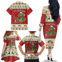 Poland Dinosaur Christmas Family Matching Off The Shoulder Long Sleeve Dress and Hawaiian Shirt Polish Smok Wawelski Wesołych Swiat - Wonder Print Shop