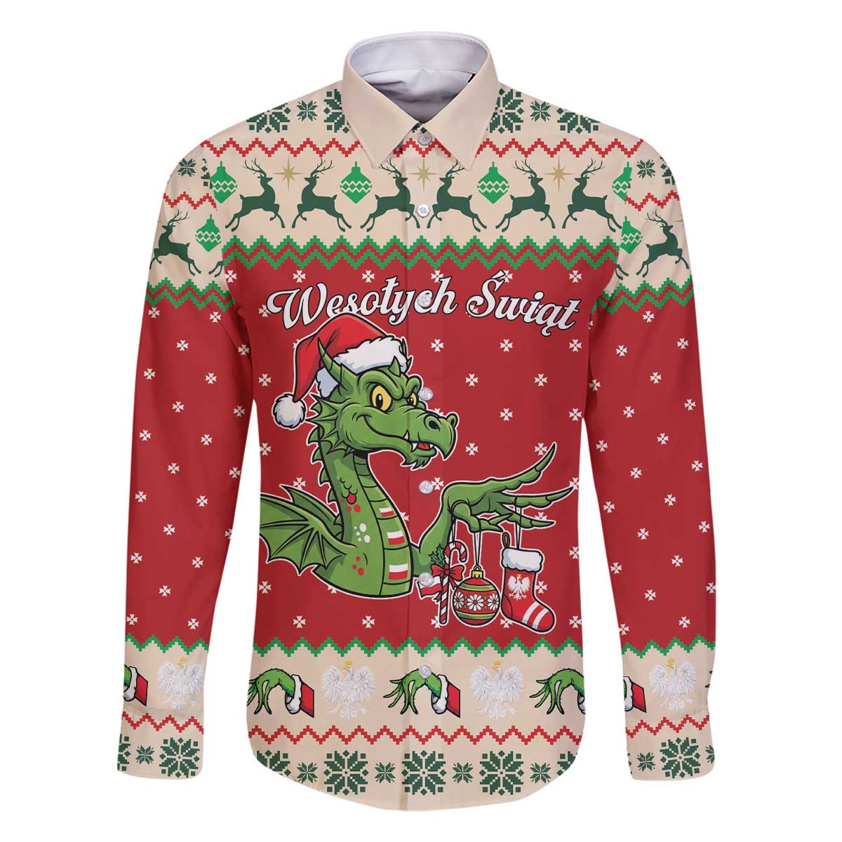 Poland Dinosaur Christmas Family Matching Off The Shoulder Long Sleeve Dress and Hawaiian Shirt Polish Smok Wawelski Wesołych Swiat - Wonder Print Shop