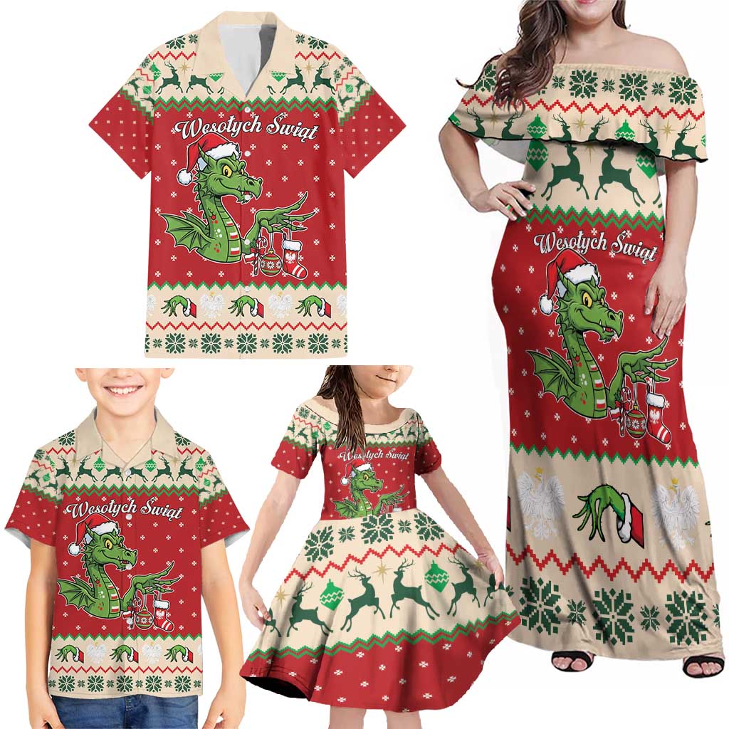 Poland Dinosaur Christmas Family Matching Off Shoulder Maxi Dress and Hawaiian Shirt Polish Smok Wawelski Wesołych Swiat - Wonder Print Shop