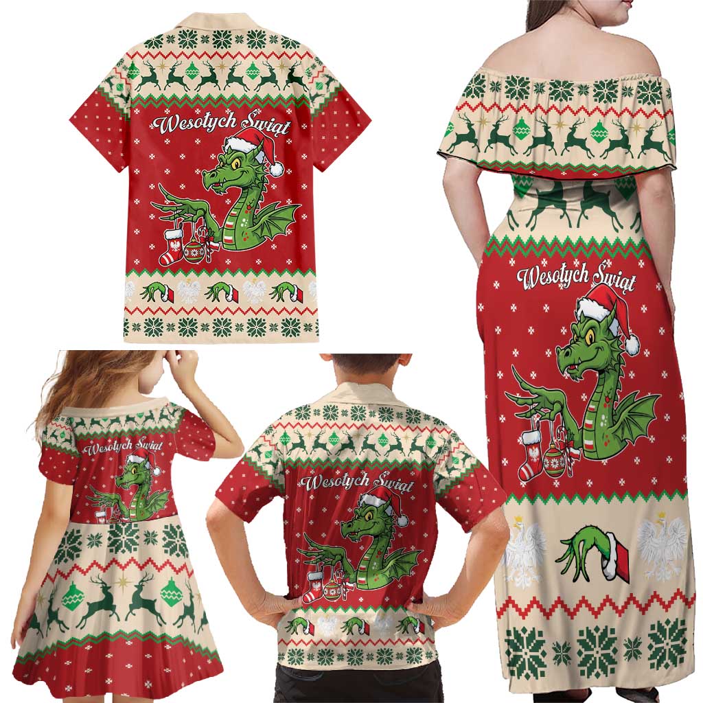 Poland Dinosaur Christmas Family Matching Off Shoulder Maxi Dress and Hawaiian Shirt Polish Smok Wawelski Wesołych Swiat - Wonder Print Shop