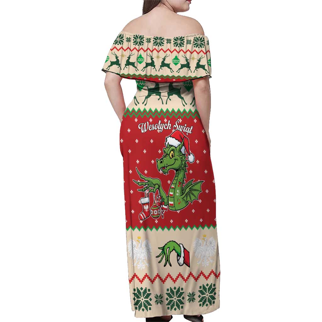 Poland Dinosaur Christmas Family Matching Off Shoulder Maxi Dress and Hawaiian Shirt Polish Smok Wawelski Wesołych Swiat - Wonder Print Shop
