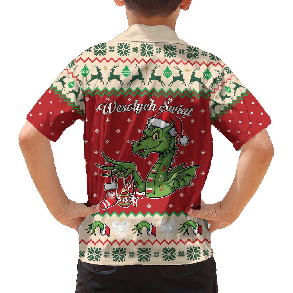 Poland Dinosaur Christmas Family Matching Off Shoulder Short Dress and Hawaiian Shirt Polish Smok Wawelski Wesołych Swiat - Wonder Print Shop