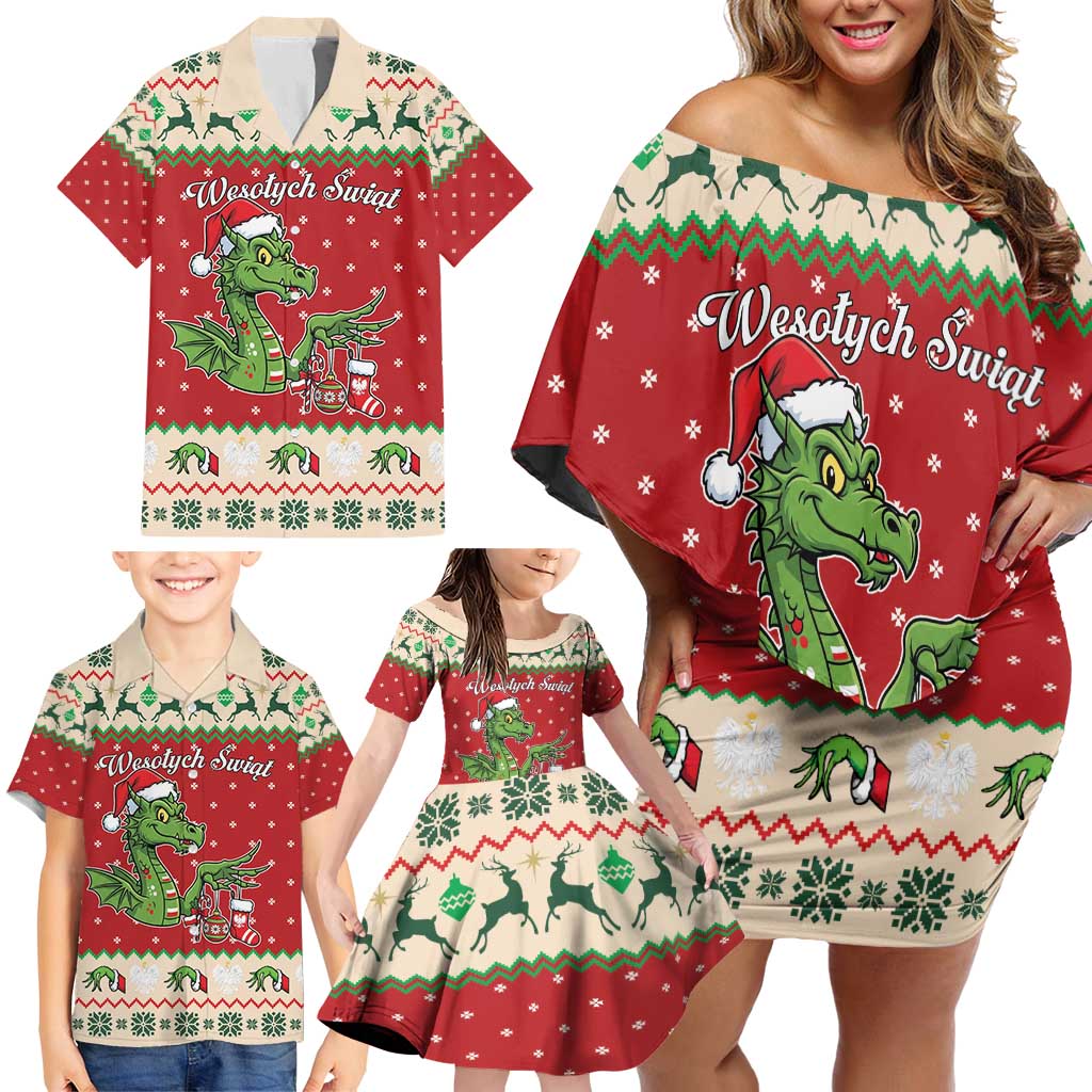 Poland Dinosaur Christmas Family Matching Off Shoulder Short Dress and Hawaiian Shirt Polish Smok Wawelski Wesołych Swiat - Wonder Print Shop