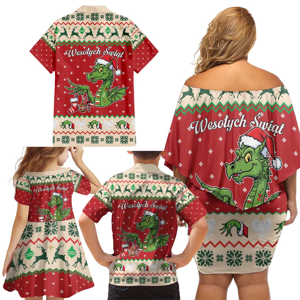 Poland Dinosaur Christmas Family Matching Off Shoulder Short Dress and Hawaiian Shirt Polish Smok Wawelski Wesołych Swiat - Wonder Print Shop