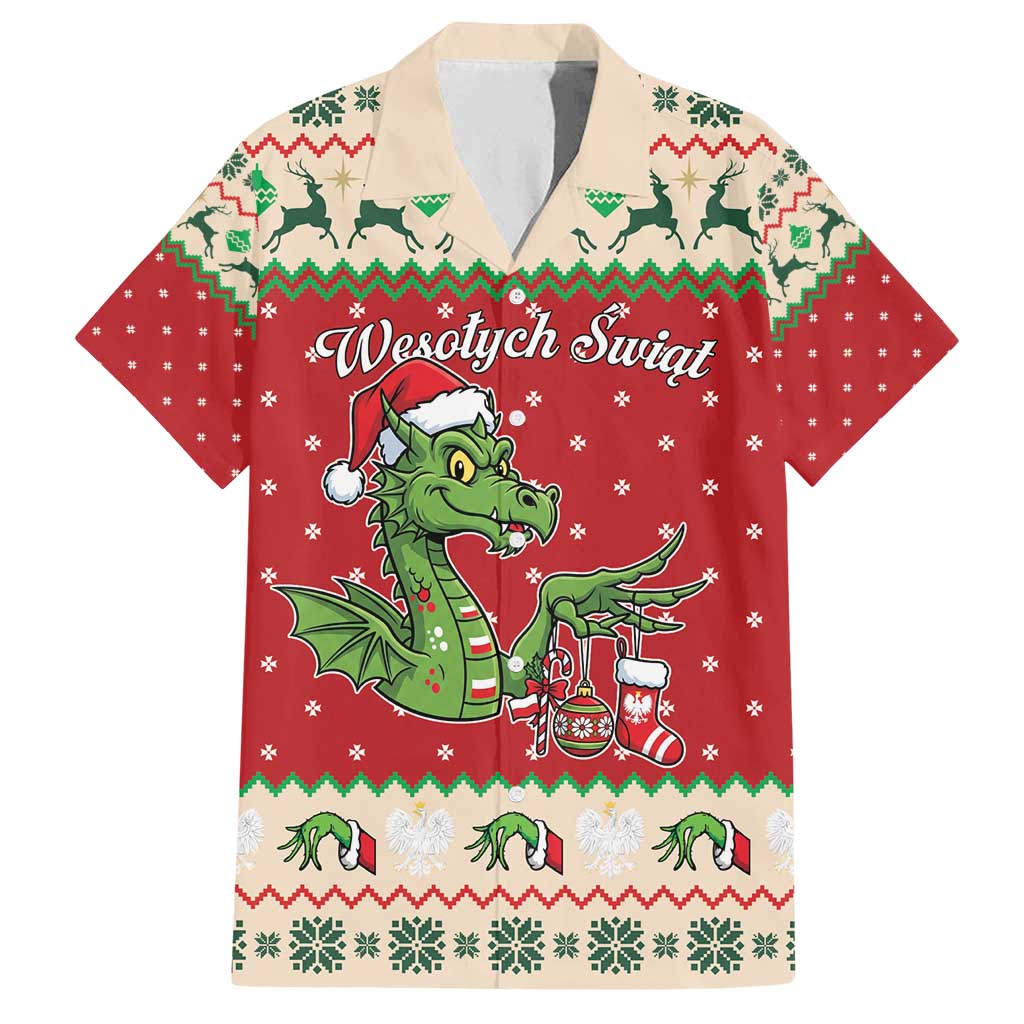Poland Dinosaur Christmas Family Matching Off Shoulder Short Dress and Hawaiian Shirt Polish Smok Wawelski Wesołych Swiat - Wonder Print Shop