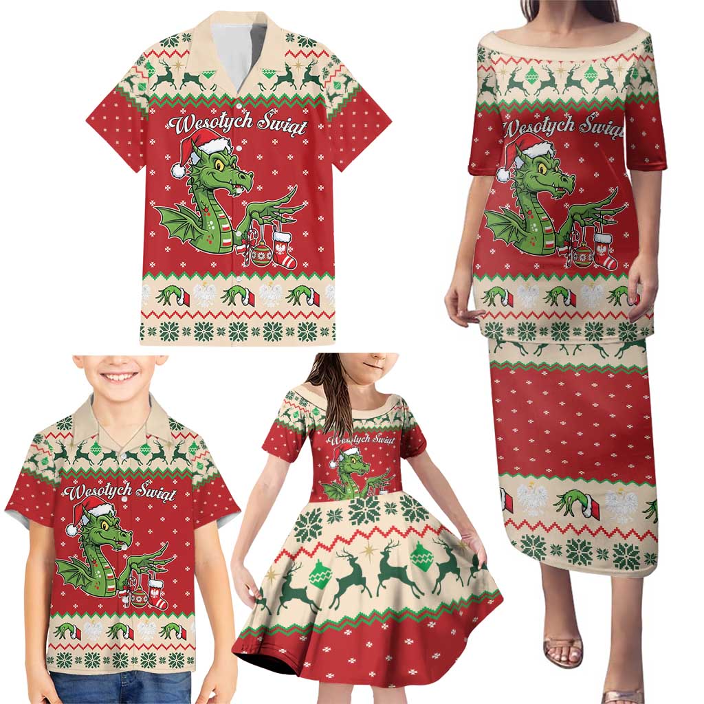 Poland Dinosaur Christmas Family Matching Puletasi and Hawaiian Shirt Polish Smok Wawelski Wesołych Swiat - Wonder Print Shop