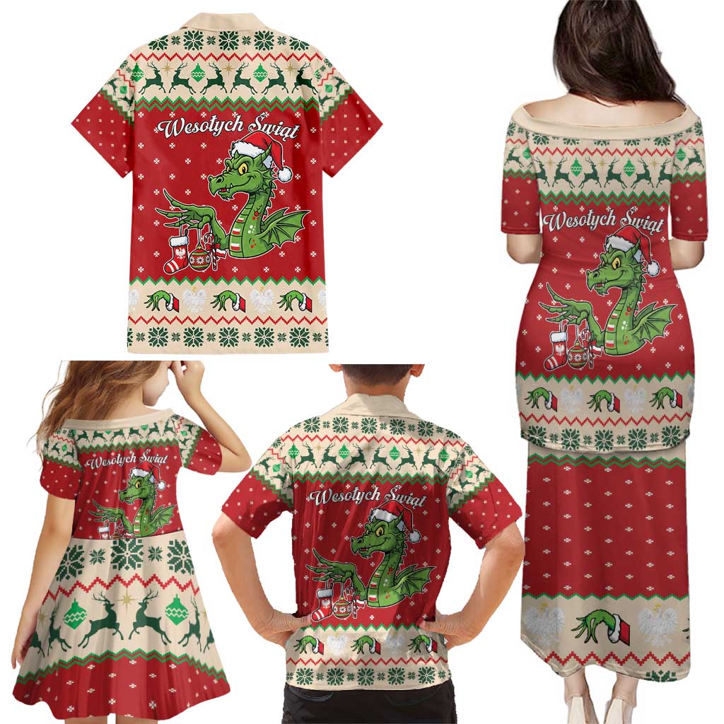 Poland Dinosaur Christmas Family Matching Puletasi and Hawaiian Shirt Polish Smok Wawelski Wesołych Swiat - Wonder Print Shop
