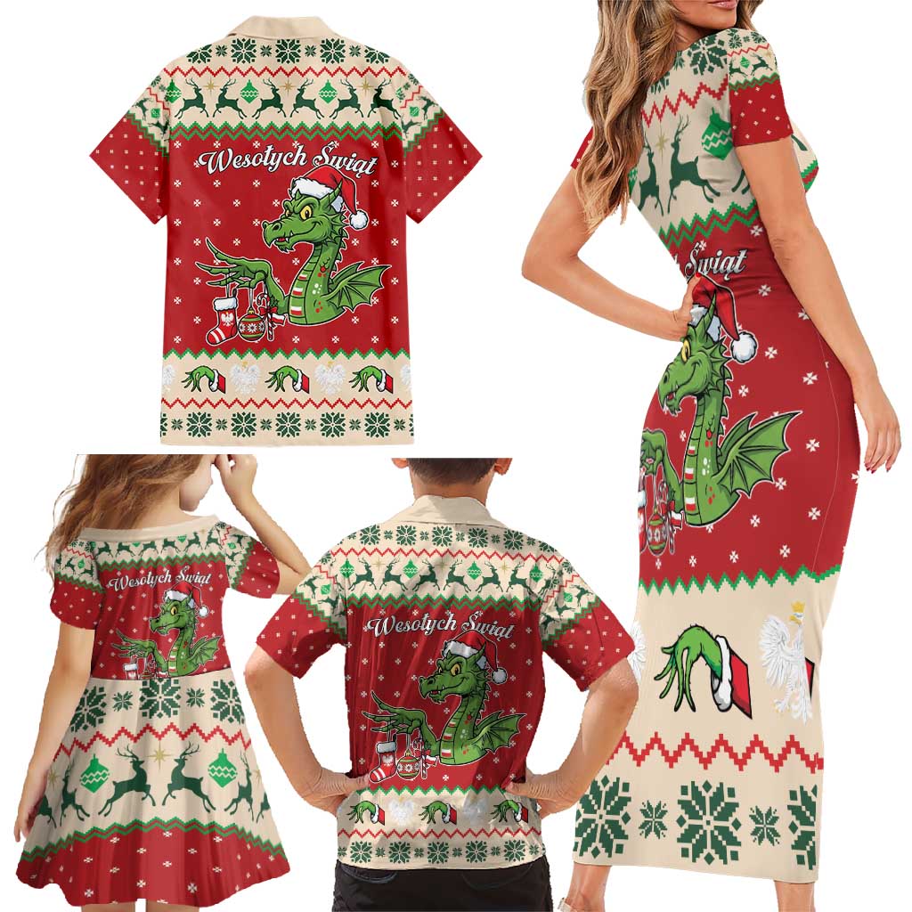 Poland Dinosaur Christmas Family Matching Short Sleeve Bodycon Dress and Hawaiian Shirt Polish Smok Wawelski Wesołych Swiat - Wonder Print Shop