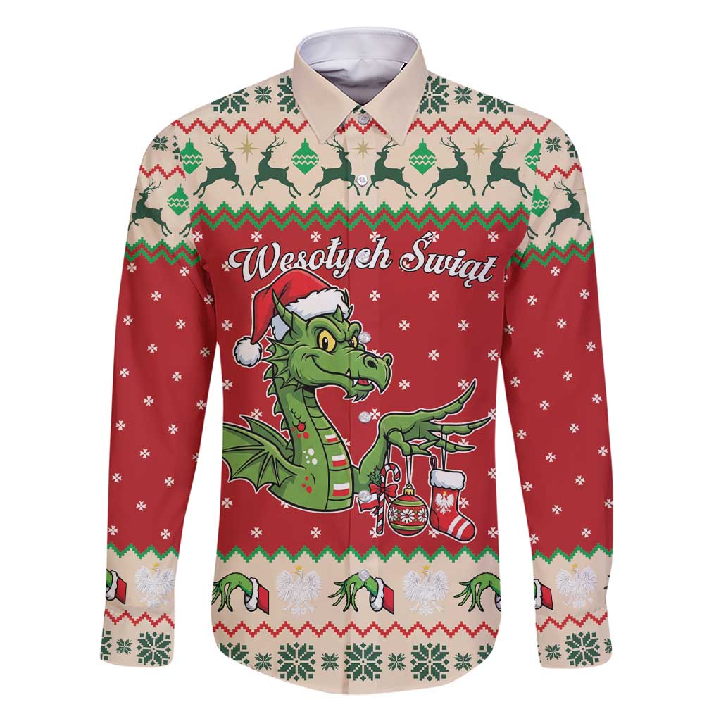 Poland Dinosaur Christmas Family Matching Short Sleeve Bodycon Dress and Hawaiian Shirt Polish Smok Wawelski Wesołych Swiat - Wonder Print Shop