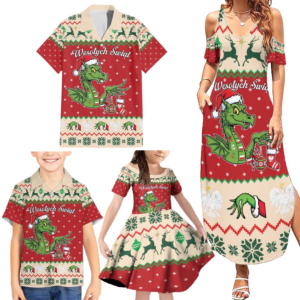 Poland Dinosaur Christmas Family Matching Summer Maxi Dress and Hawaiian Shirt Polish Smok Wawelski Wesołych Swiat - Wonder Print Shop