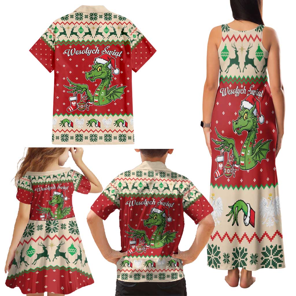 Poland Dinosaur Christmas Family Matching Tank Maxi Dress and Hawaiian Shirt Polish Smok Wawelski Wesołych Swiat - Wonder Print Shop