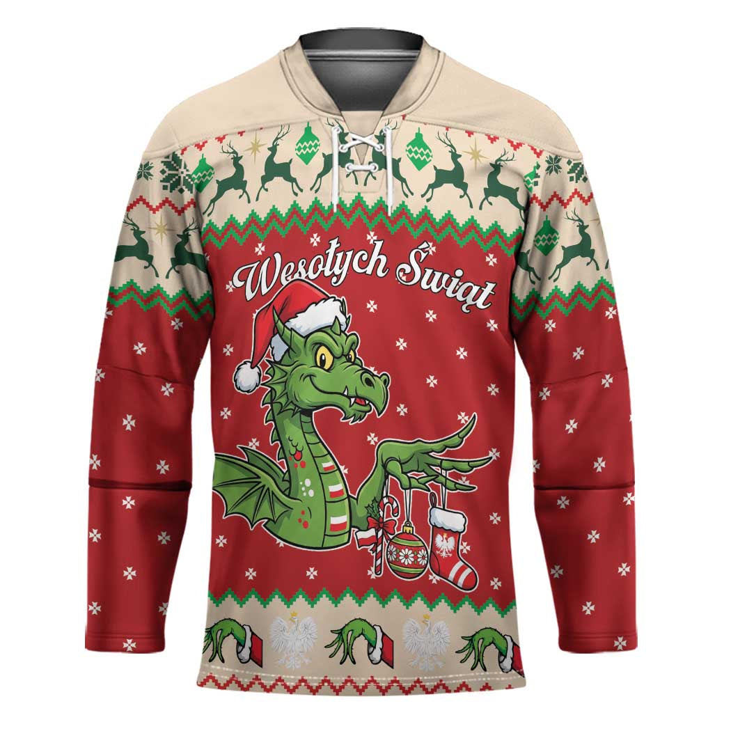 Poland Dinosaur Christmas Hockey Jersey Polish Smok Wawelski Wesołych Swiat - Wonder Print Shop