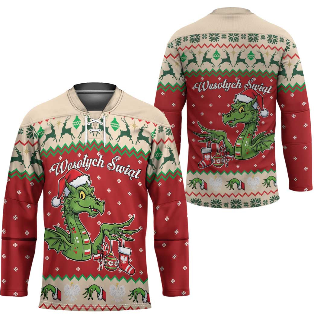 Poland Dinosaur Christmas Hockey Jersey Polish Smok Wawelski Wesołych Swiat - Wonder Print Shop