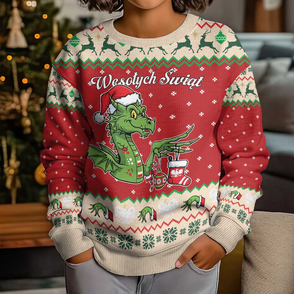 Poland Dinosaur Christmas Kid Ugly Christmas Sweater Polish Smok Wawelski Wesołych Swiat - Wonder Print Shop