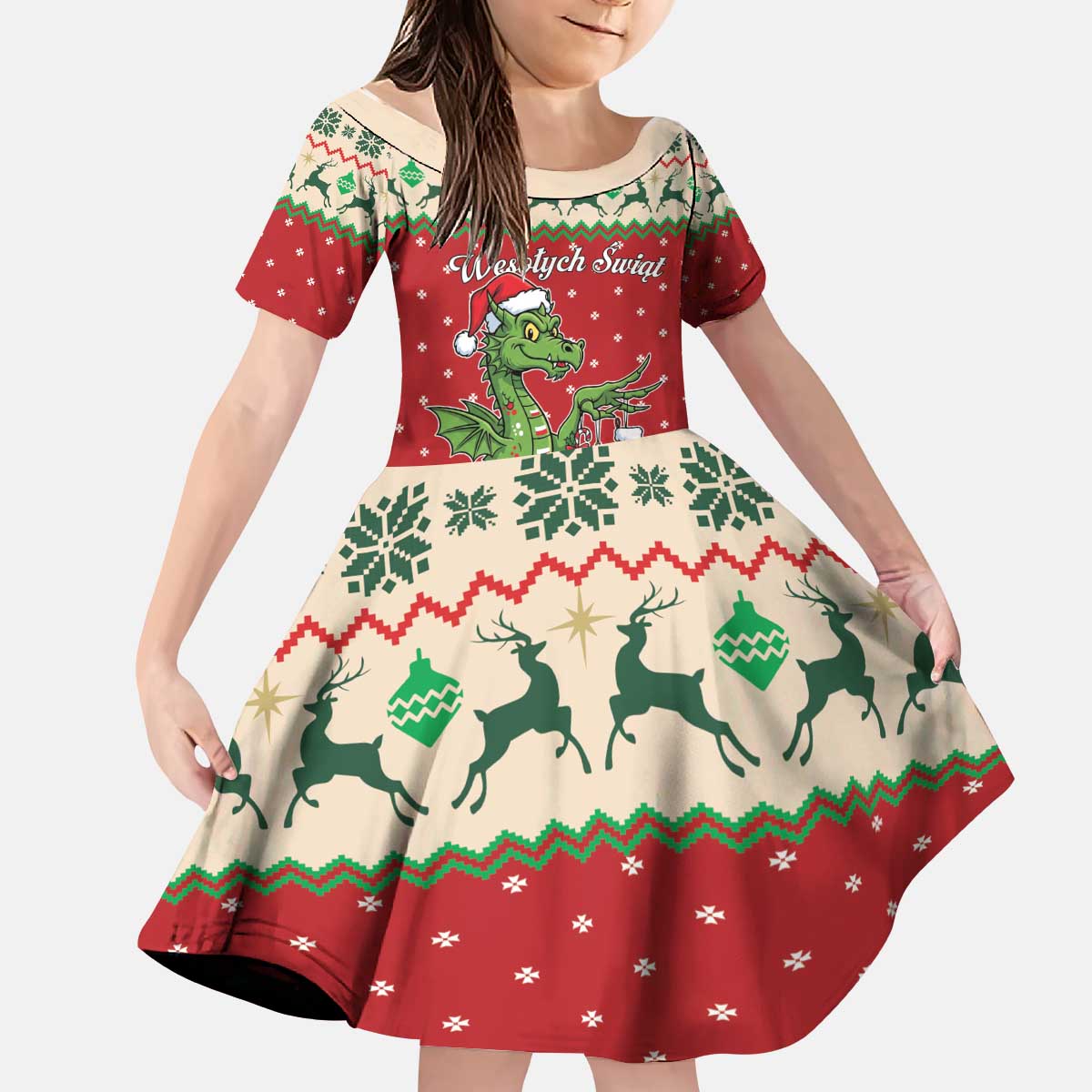 Poland Dinosaur Christmas Kid Short Sleeve Dress Polish Smok Wawelski Wesołych Swiat - Wonder Print Shop