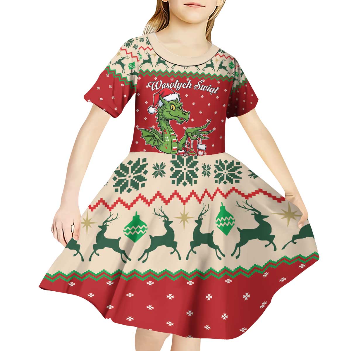 Poland Dinosaur Christmas Kid Short Sleeve Dress Polish Smok Wawelski Wesołych Swiat - Wonder Print Shop