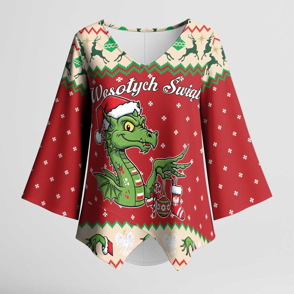 Poland Dinosaur Christmas Kimono Sleeve Blouse Polish Smok Wawelski Wesołych Swiat - Wonder Print Shop