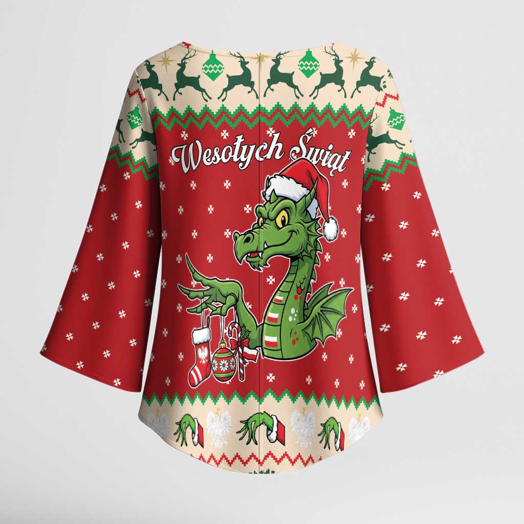 Poland Dinosaur Christmas Kimono Sleeve Blouse Polish Smok Wawelski Wesołych Swiat - Wonder Print Shop