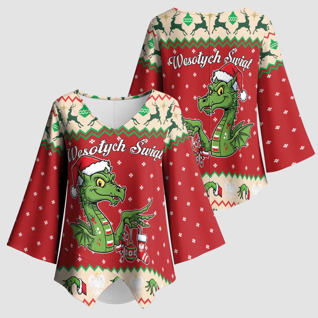 Poland Dinosaur Christmas Kimono Sleeve Blouse Polish Smok Wawelski Wesołych Swiat - Wonder Print Shop