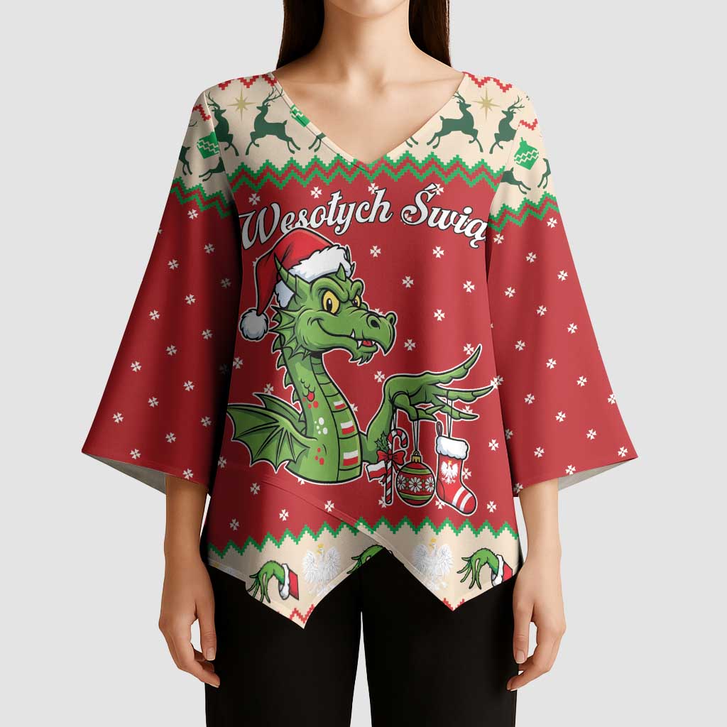 Poland Dinosaur Christmas Kimono Sleeve Blouse Polish Smok Wawelski Wesołych Swiat - Wonder Print Shop