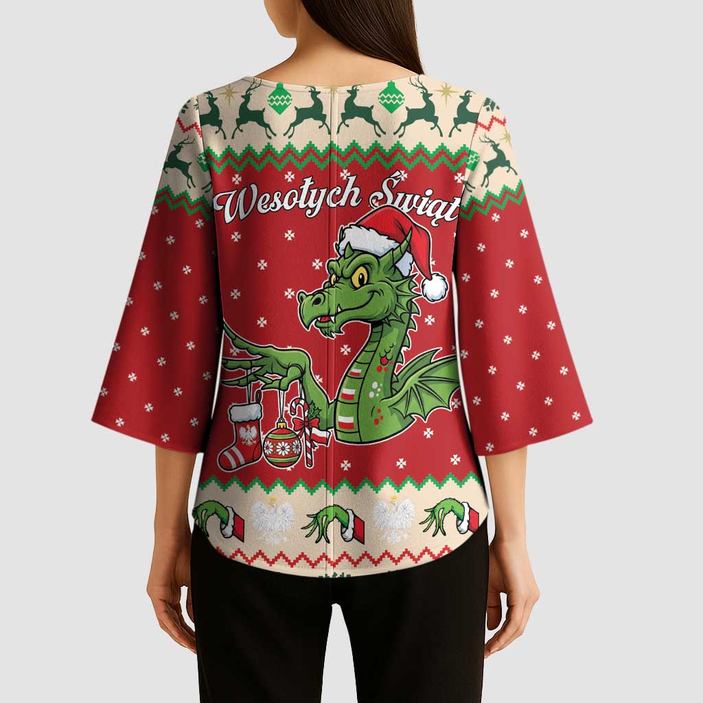 Poland Dinosaur Christmas Kimono Sleeve Blouse Polish Smok Wawelski Wesołych Swiat - Wonder Print Shop