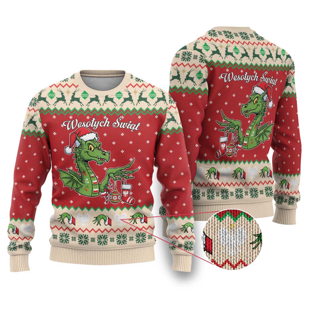 Poland Dinosaur Christmas Ugly Christmas Sweater Polish Smok Wawelski Wesołych Swiat - Wonder Print Shop