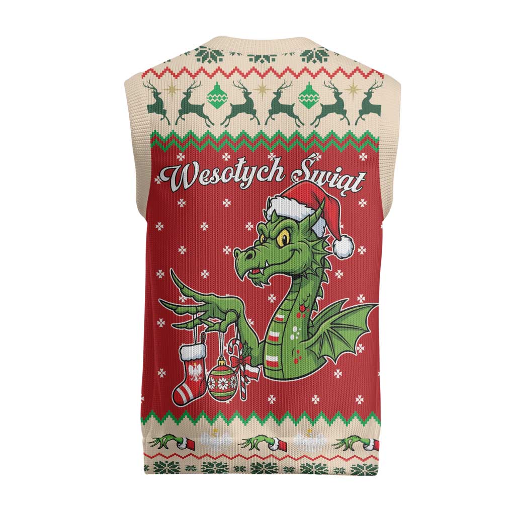 Poland Dinosaur Christmas Knitted V-Neck Vest Polish Smok Wawelski Wesołych Swiat - Wonder Print Shop
