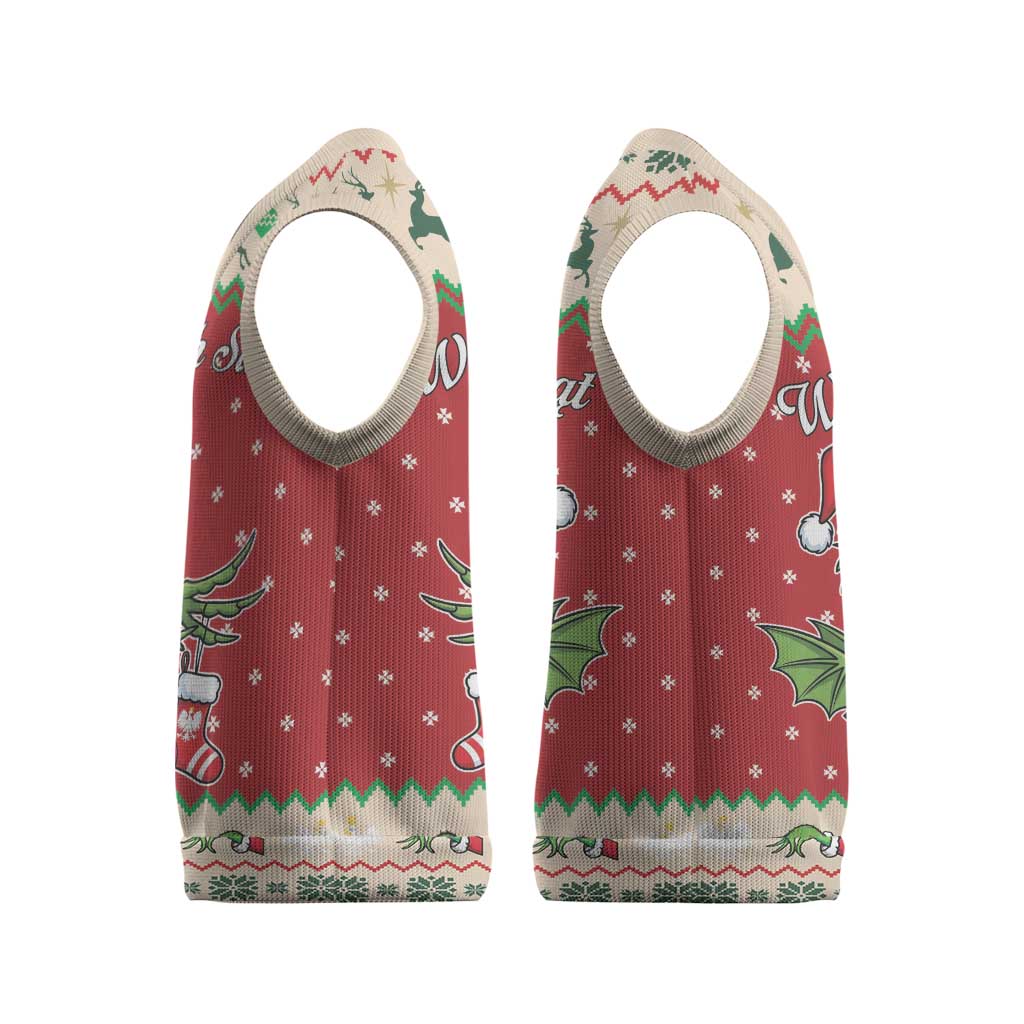 Poland Dinosaur Christmas Knitted V-Neck Vest Polish Smok Wawelski Wesołych Swiat - Wonder Print Shop