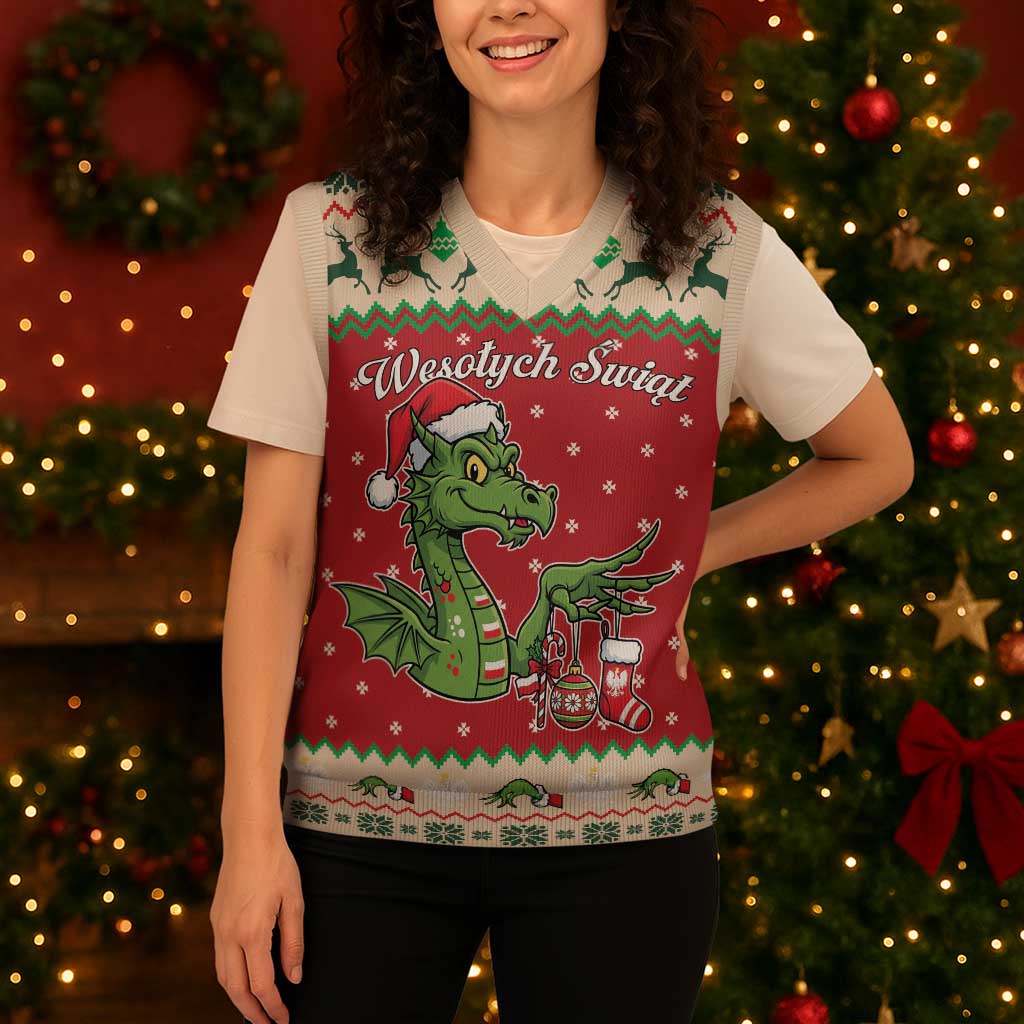 Poland Dinosaur Christmas Knitted V-Neck Vest Polish Smok Wawelski Wesołych Swiat - Wonder Print Shop