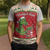 Poland Dinosaur Christmas Knitted V-Neck Vest Polish Smok Wawelski Wesołych Swiat - Wonder Print Shop