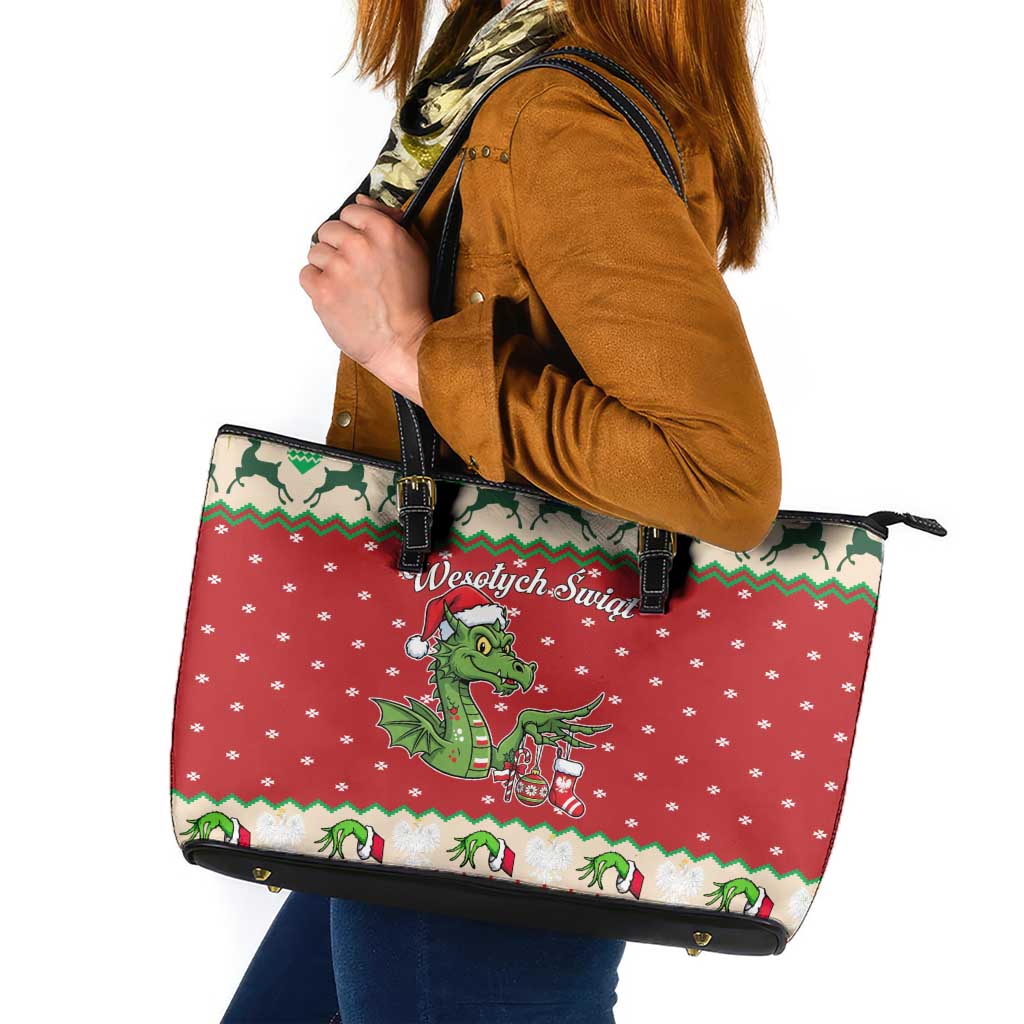 Poland Dinosaur Christmas Leather Tote Bag Polish Smok Wawelski Wesołych Swiat - Wonder Print Shop