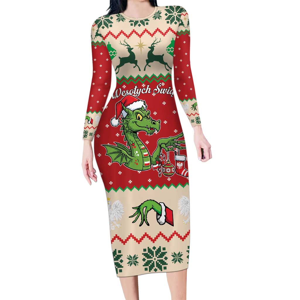Poland Dinosaur Christmas Long Sleeve Bodycon Dress Polish Smok Wawelski Wesołych Swiat - Wonder Print Shop