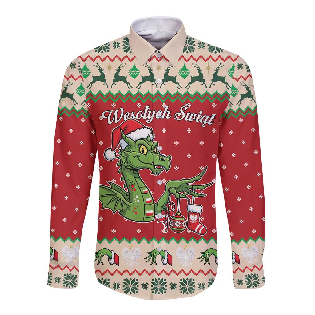 Poland Dinosaur Christmas Long Sleeve Button Shirt Polish Smok Wawelski Wesołych Swiat - Wonder Print Shop