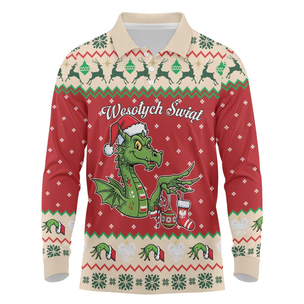 Poland Dinosaur Christmas Long Sleeve Polo Shirt Polish Smok Wawelski Wesołych Swiat - Wonder Print Shop