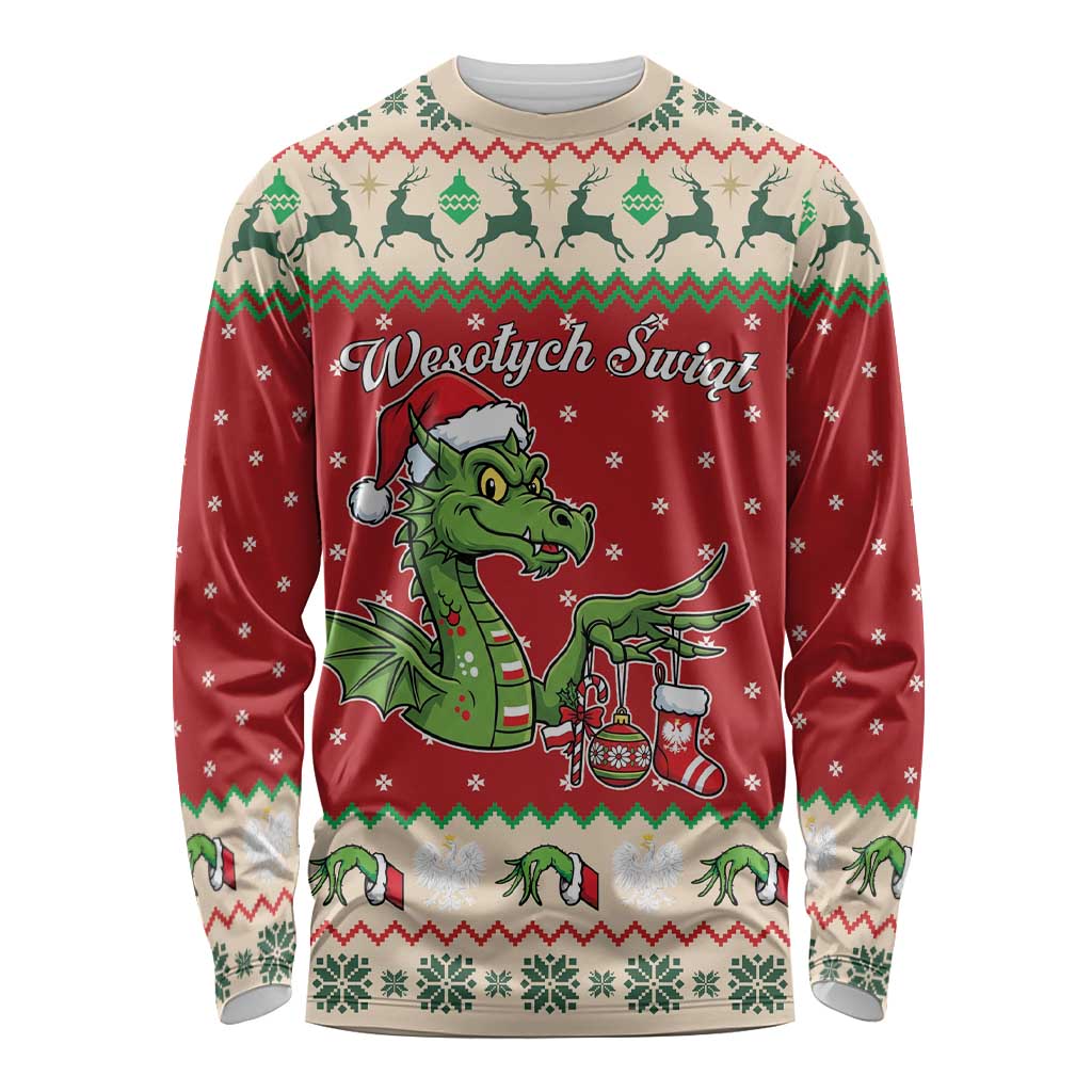 Poland Dinosaur Christmas Long Sleeve Shirt Polish Smok Wawelski Wesołych Swiat - Wonder Print Shop