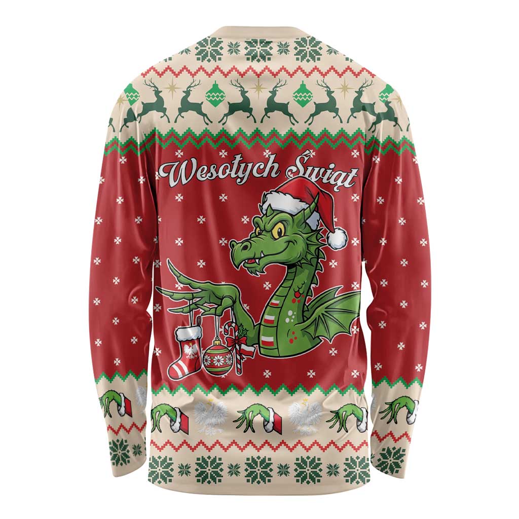 Poland Dinosaur Christmas Long Sleeve Shirt Polish Smok Wawelski Wesołych Swiat - Wonder Print Shop