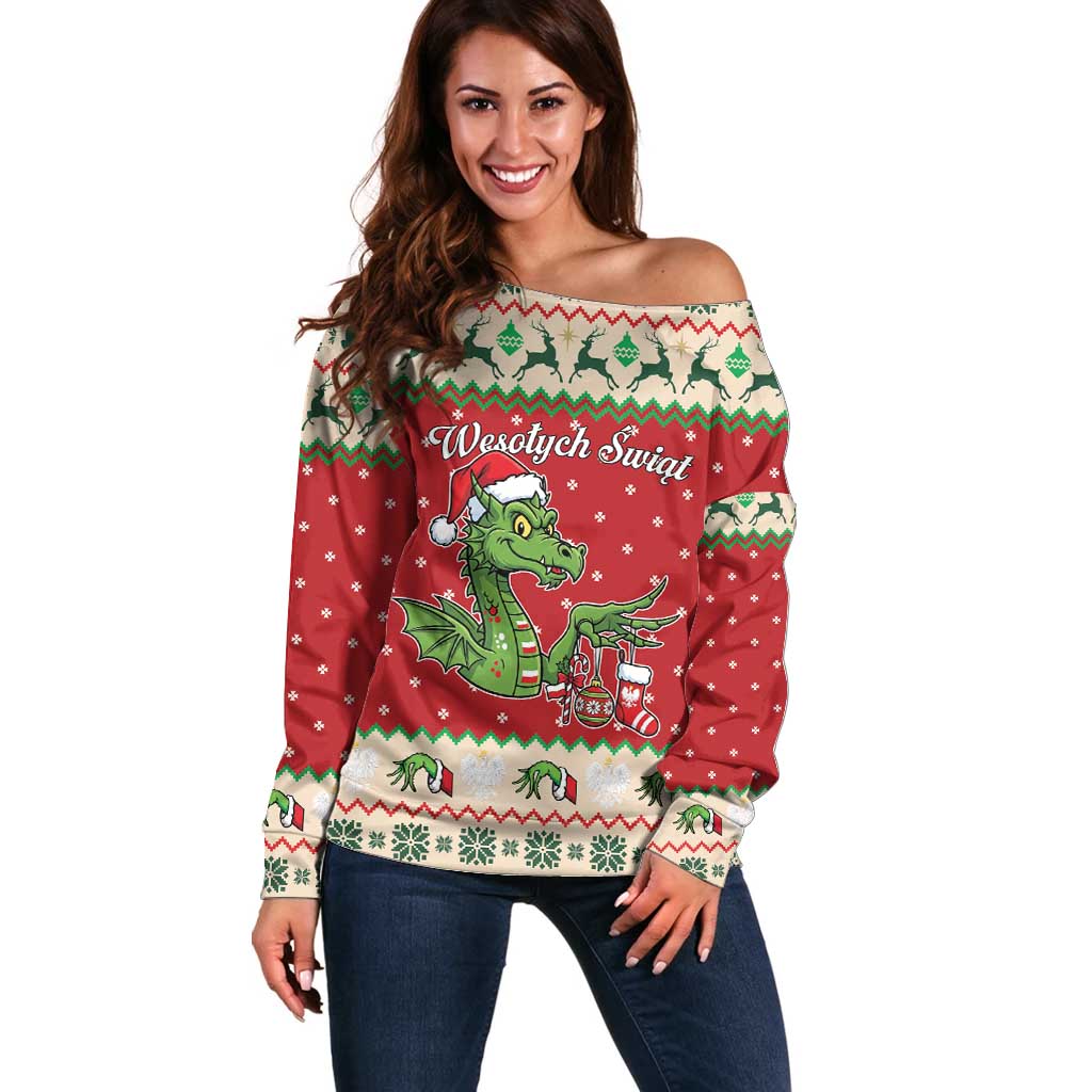 Poland Dinosaur Christmas Off Shoulder Sweater Polish Smok Wawelski Wesołych Swiat - Wonder Print Shop