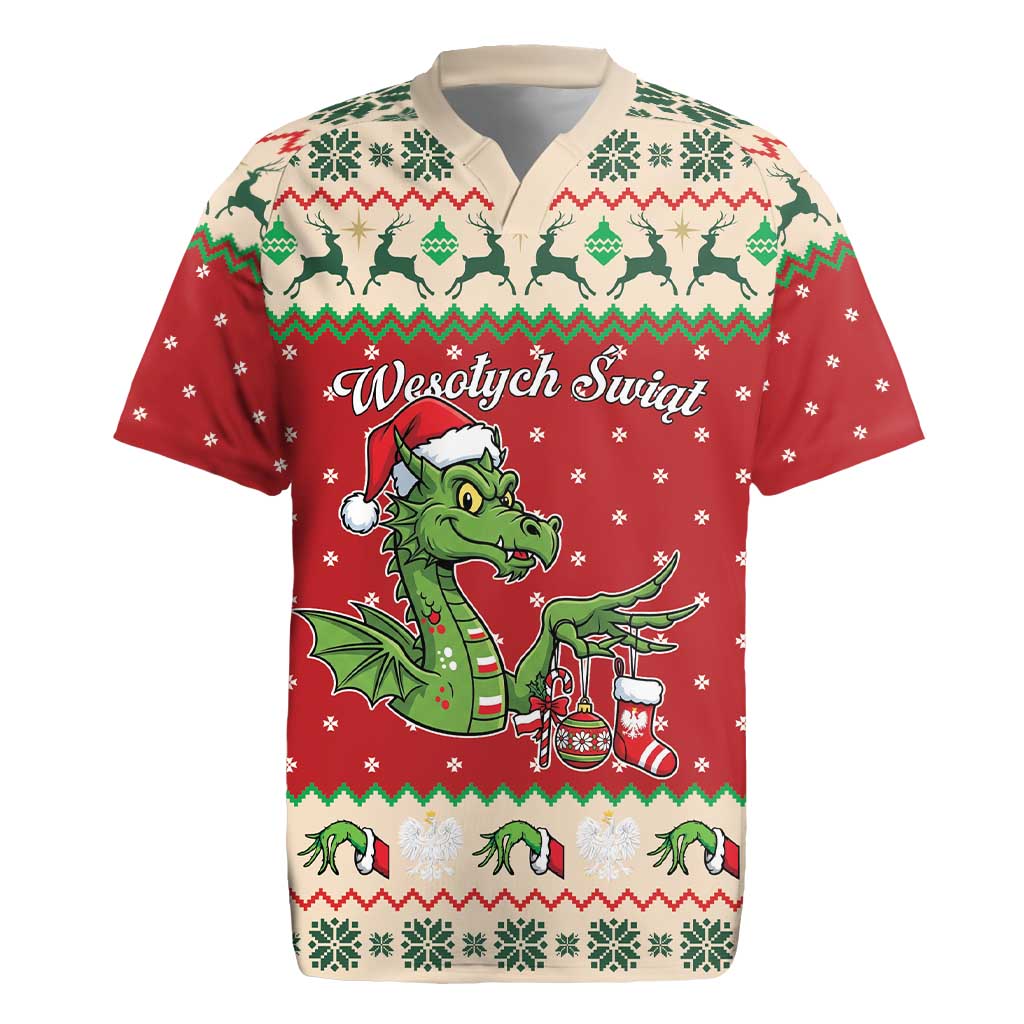 Poland Dinosaur Christmas Rugby Jersey Polish Smok Wawelski Wesołych Swiat - Wonder Print Shop