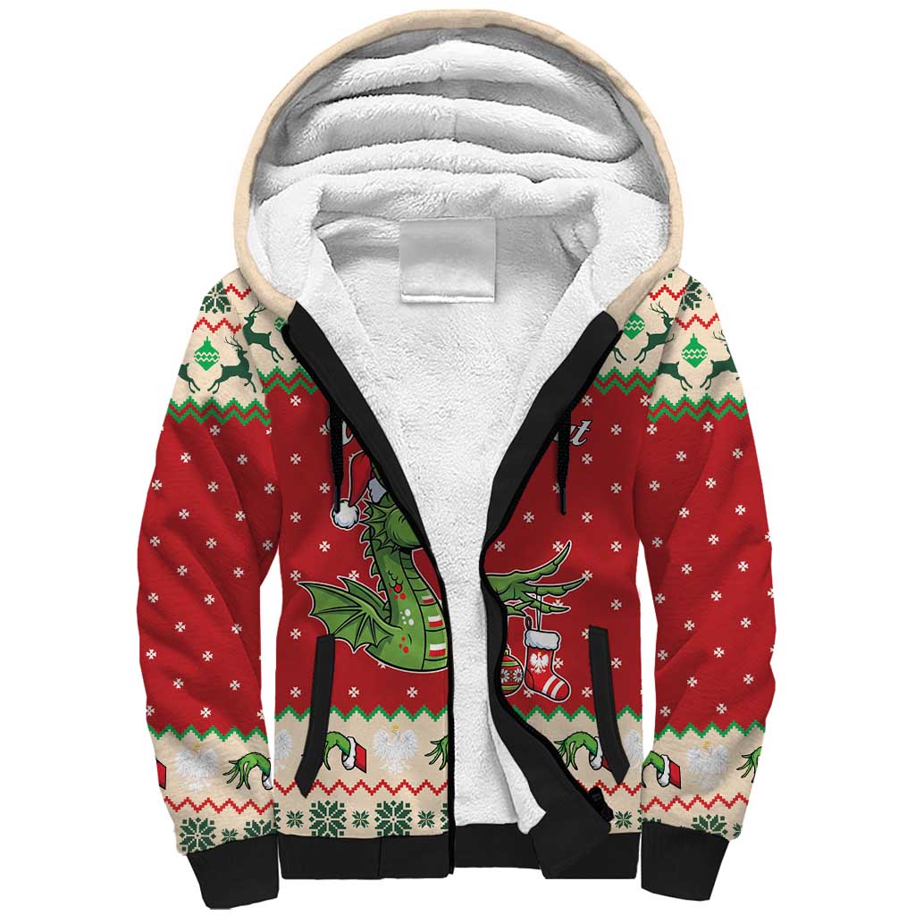 Poland Dinosaur Christmas Sherpa Hoodie Polish Smok Wawelski Wesołych Swiat - Wonder Print Shop