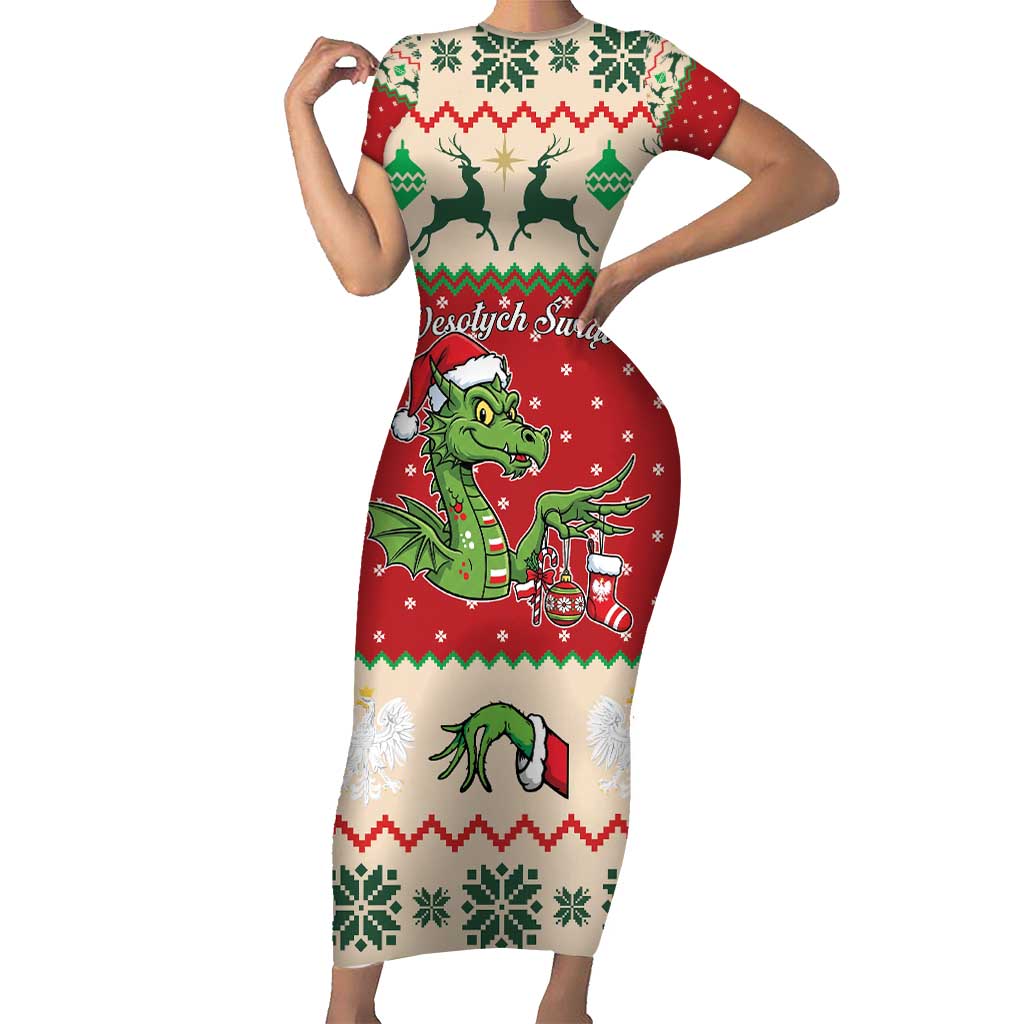 Poland Dinosaur Christmas Short Sleeve Bodycon Dress Polish Smok Wawelski Wesołych Swiat - Wonder Print Shop