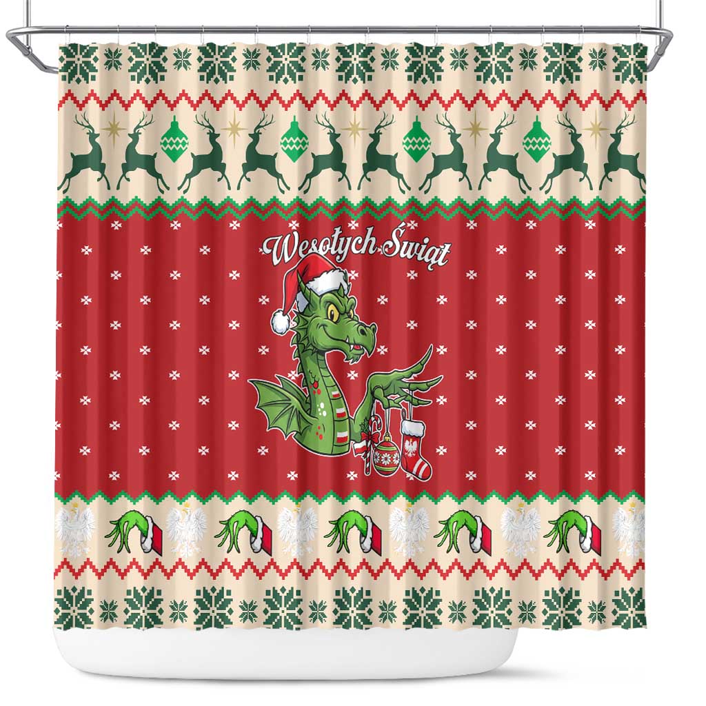 Poland Dinosaur Christmas Shower Curtain Polish Smok Wawelski Wesołych Swiat - Wonder Print Shop