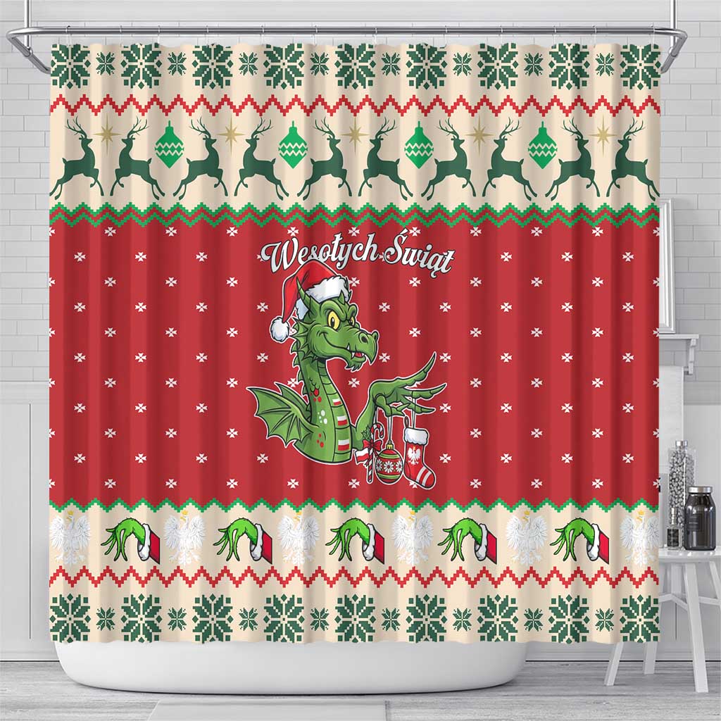 Poland Dinosaur Christmas Shower Curtain Polish Smok Wawelski Wesołych Swiat - Wonder Print Shop