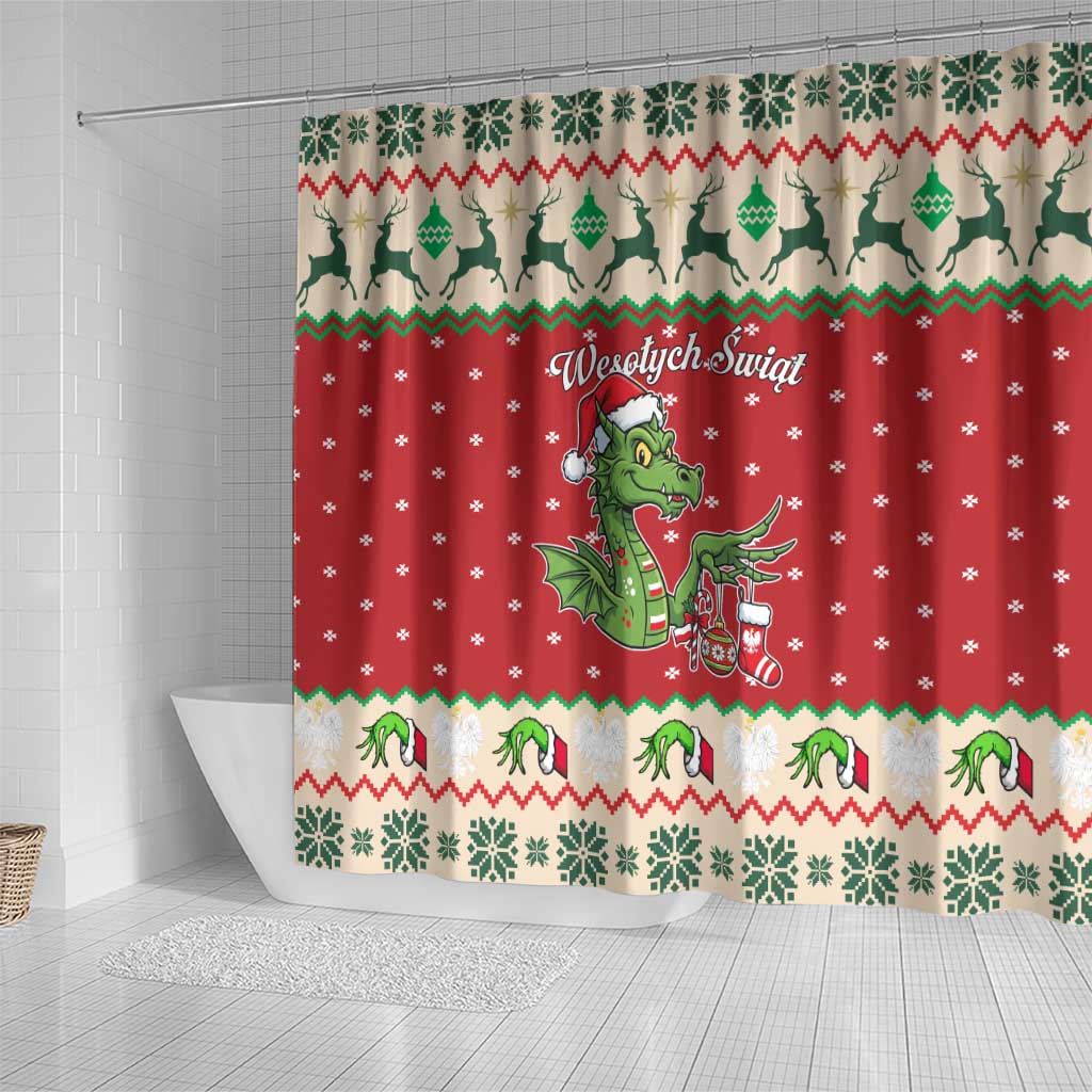 Poland Dinosaur Christmas Shower Curtain Polish Smok Wawelski Wesołych Swiat - Wonder Print Shop